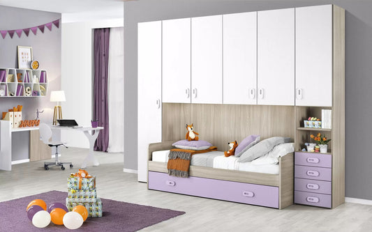 Cameretta Completa a ponte - Effetto olmo perla, bianco, lilla (Letto singolo e Armadio) (cm. 295 x 93 x 245h)