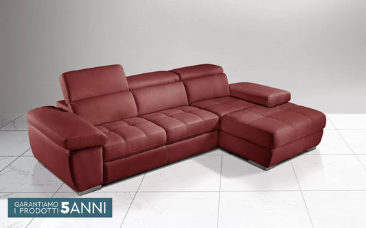 Divano letto angolare 3 posti con penisola a destra. Similpelle effetto nabuk bordeaux (cm. 265 x 182 x 97h)