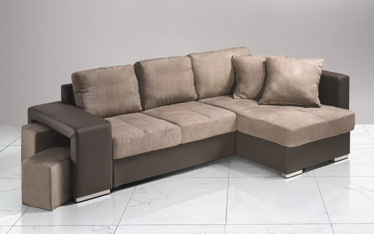 Divano letto angolare 2 posti con penisola a destra. Similpelle marrone, tessuto fango (cm. 267 x 158 x 88h)