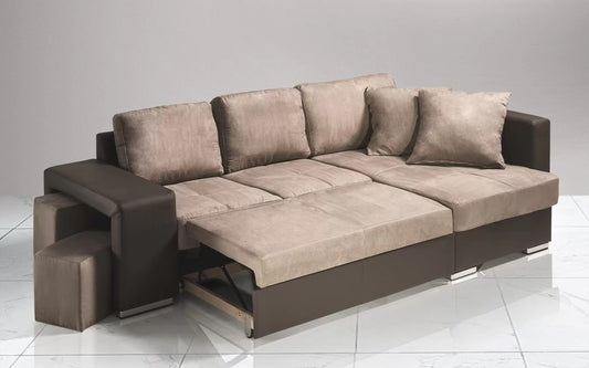 Divano letto angolare 2 posti con penisola a destra. Similpelle marrone, tessuto fango (cm. 267 x 158 x 88h)