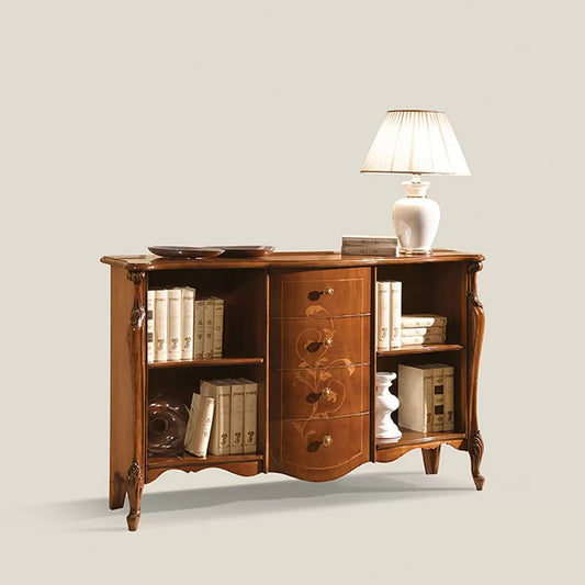 libreria 4 cassetti con intarsio e vani. in legno massello stile classico