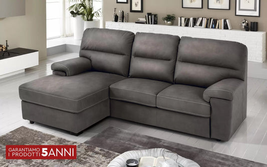 Divano letto angolare 3 posti con chaise a sinistra. Similpelle effetto nabuk granito grigio (cm. 257 x 163 x 96h)