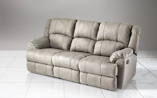 Divano 3 posti con 2 recliner manuali. Similpelle effetto nabuk grigio chiaro (cm. 203 x 98 x 99h)