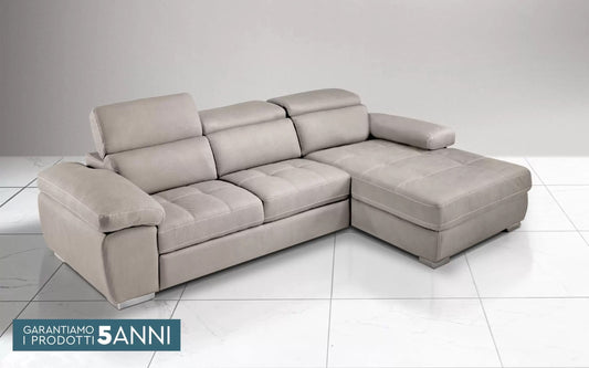 Divano letto angolare 3 posti con penisola a destra. Similpelle effetto nabuk beige (cm. 265 x 182 x 97h)