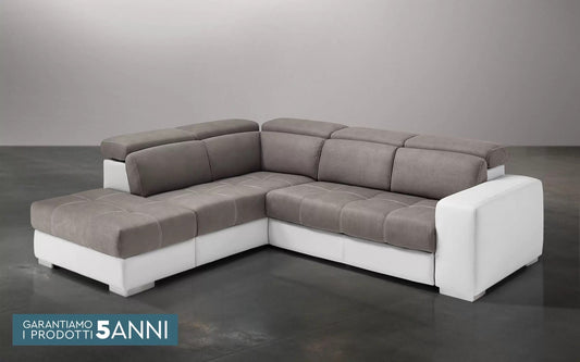 Divano letto angolare 3 posti con penisola a destra. Similpelle bianco, similpelle effetto nabuk talpa (cm. 266 x 230 x 94h)