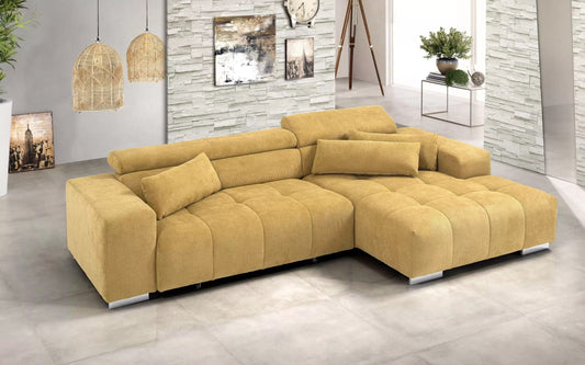 Divano letto angolare 2 posti con penisola a destra. Tessuto mostarda (cm. 303 x 185 x 88h)