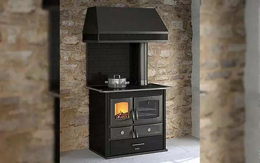 Black wood-burning stove with hood