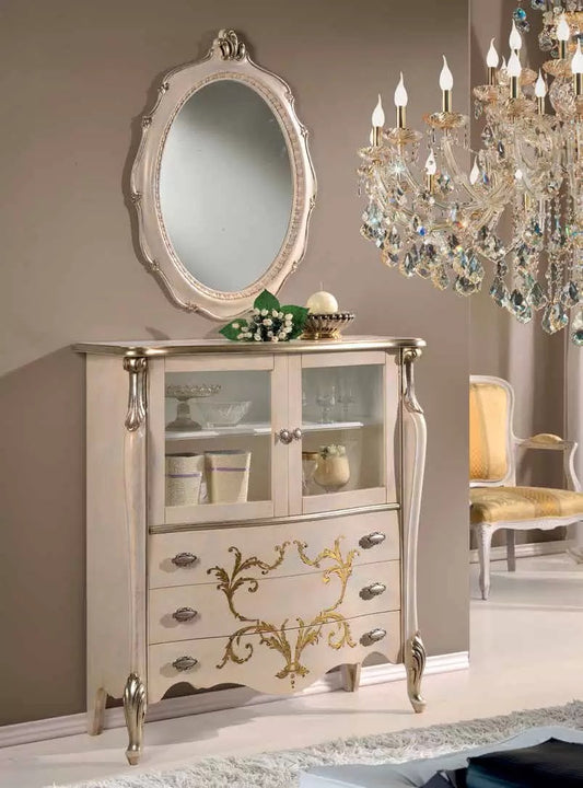 Vetrinetta stile classico noce laccato bianco oro e argento (cm. L. 107 - P. 40 - H. 120) (TVG)