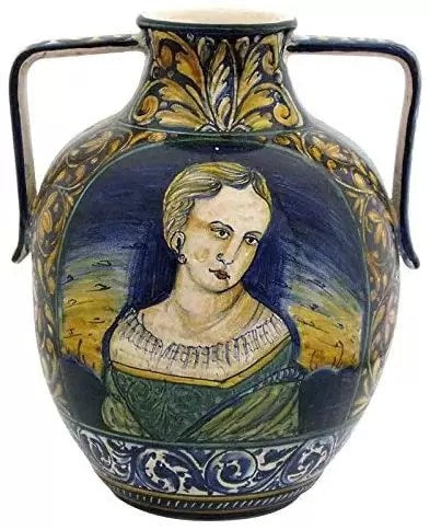 Ceramic Orcio vase with handles hand painted in Italian artistic ceramic.