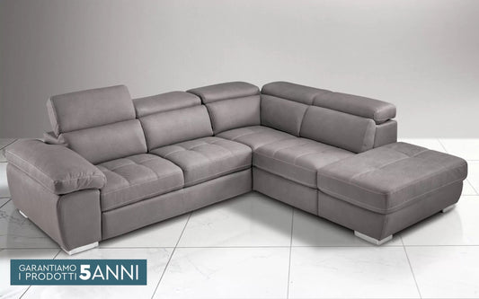 Divano letto angolare 3 posti con penisola a destra. Similpelle effetto nabuk talpa (cm. 285 x 245 x 97h)