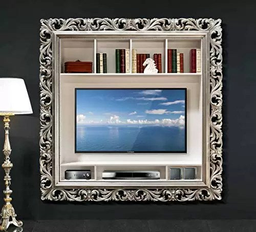 Cornice Porta TV con Scomparti - in Foglia Argento 925 ( 204 x 31,5 x H 204 cm. - Peso: 26 kg.) - 100% Legno - 100% Made in Italy (LXI)