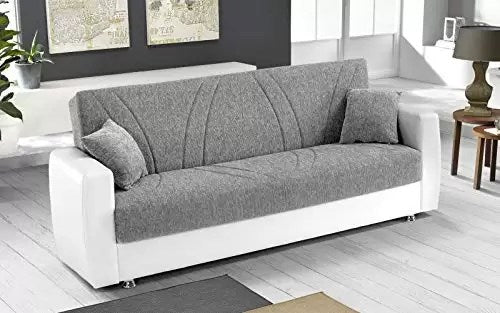 Divano Letto 3 posti - Colore: Bianco e Grigio - e Similpelle - cm. 225 x 87 x 92h