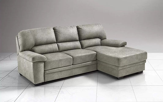 Divano Letto 3 posti con penisola a Destra - Colore: Nabuk Grigio Chiaro - cm. 252 x 160 x 92h