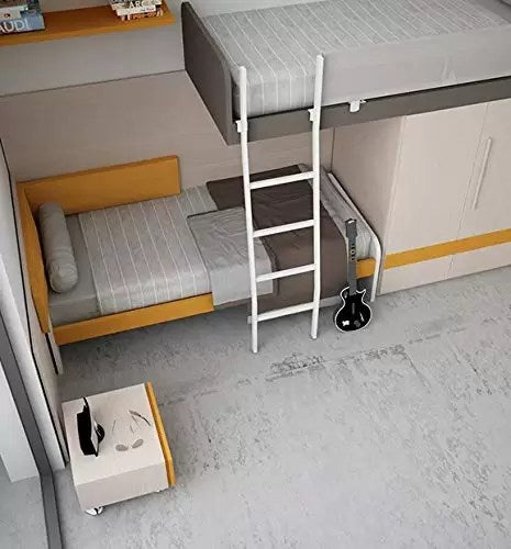 Cameretta per Ragazzi ( n. 1 Letto a soppalco; n. 1 Letto singolo; n. 1 Scala ; n. 1 Armadio ; n. 1 Comodino) Finiture: Rovere   Mandorla, Grigio Caldo Scuro, Mandarino - 100 % Legno   100 % Made in Italy (SF30)