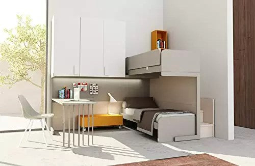 Cameretta per ragazzi ( n. 1 Letto a castello; n. 1 Letto singolo; n. 1 Scala; n. 1 Armadiatura a ponte; n. 1 Scrittoio; n. 1 Libreria ; n. 1 Com ; n. 1 Sedia ) Finiture: Rovere   Mandorla, Bianco, Grigio Caldo Medio, Mandarino - 100 % Legno   100 % Made