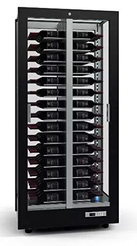 Cantinetta per vino, liquori e champagne Struttura in alluminio - Cornice in legno massello - Porte scorrevoli protezione UV - Serratura con chiave - Interni in alluminio - Compressore ad inverter - Refrigerazione statica e ventilata - Termoregolatore (SF