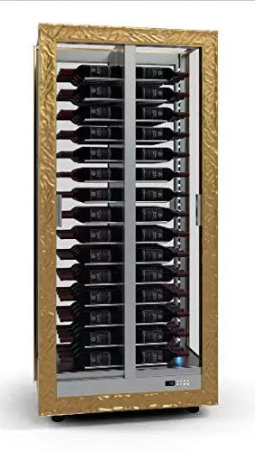 Cantinetta per vino, liquori e champagne   - Struttura in alluminio - Cornice in legno massello - Porte scorrevoli  protezione UV - Serratura con chiave - Interni in alluminio - Illuminazione a LED Compressore ad inverter - Refrigerazione statica e ventil