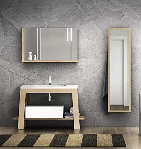 Composizione da bagno completa - basamento in legno frassino naturale L.105/125, piano con vasca integrata L.125,4, cassetto L.60 H.20, specchio con mensole in frassino naturale L.105, lampada led, specchio a sbalzo con porta accappatoi L.40.  100% Made i