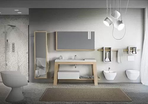 Composizione da bagno completo - basamento in legno frassino naturale, piano con vasca integrata, cassetto L.60 H.20, specchio con mensole in frassino naturale L.140, lampada led, pensile a giorno L.25 H.25, pensile a giorno L.25 H.50, mensola in frassino