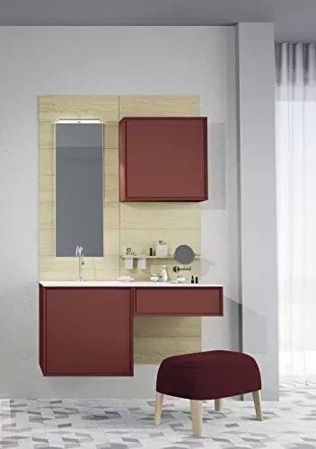 Composizione da bagno completo, finitura rosso opaco - base portalavabo 60x60x51, base 1 cassetto 20x60x51, specchio 40x100, lampada led, pensile 1 anta 60x60x16, pannello a parete in rovere sbiancato 20x60, pannello con mensola in rovere sbiancato 20x60,