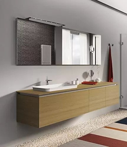 Composizione da bagno completa, rovere naturale con piano in rovere e lavabo semi incasso L.185XP.51,5XH.44,7 - base 1 cassettone 1 cassetto interno attrezzato L.45, base portalavabo 1 cassettone 1 cassetto interno attrezzato L.90, coppia di spalle top pe