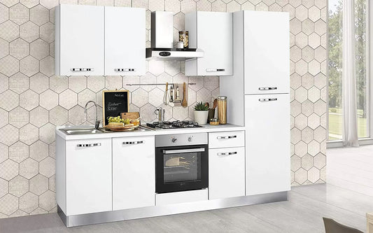 Cucina completa - lato dx cm. 255 x 60 x 216h - comprende: cappa, forno ventilato, lavandino, frigorifero, ghiacciaia, piano cottura a gas con 4 fornelli, n.6  e un cassetto.