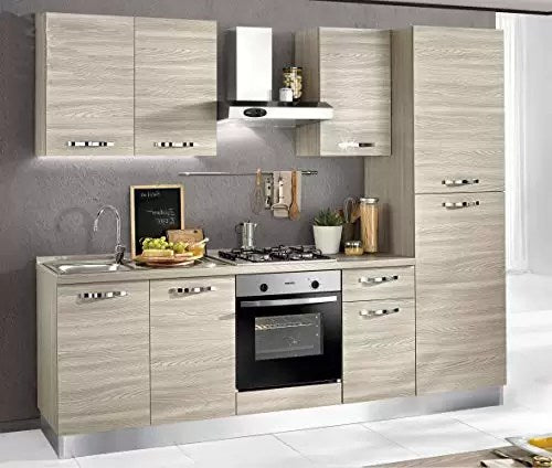 Cucina completa - lato dx cm. 255 x 60 x 216h - comprende: cappa, forno ventilato, lavandino, frigorifero, ghiacciaia, piano cottura a gas con 4 fornelli, n.6 e un cassetto.