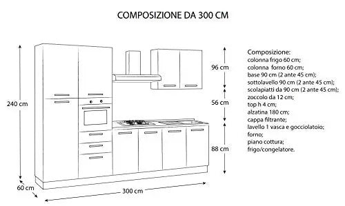 Cucina completa - lato sx cm.300x60x240h - comprende: cappa, forno ventilato, lavandino, frigorifero, ghiacciaia, piano cottura a gas con 4 fornelli, n.9 e n.3 cassetti.