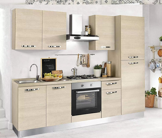 Cucina completa - versione dx cm. 255 x 60 x 216h - comprende: cappa, forno ventilato, lavandino, frigorifero, ghiacciaia, piano cottura a gas con 4 fornelli, n.6 e un cassetto.