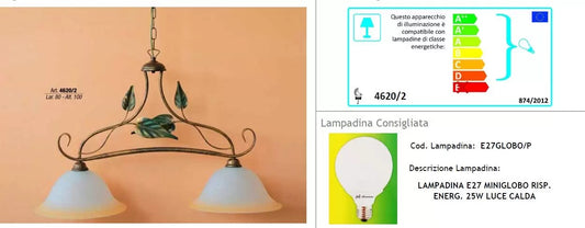 Lampadario - lampadario pendente da soffitto a 2 luci - forma classica - in ferro e vetro lavorato - lampadine non incluse - (STL)