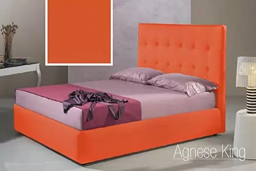 Letto matrimoniale con vano contenitore imbottito, rivestimento in similpelle, colore arancione - 176 cm, 220 cm, H 140 cm - per rete 160 x 200. (SFI)