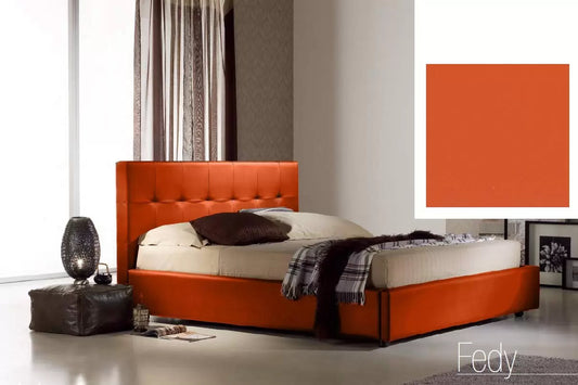 Letto matrimoniale con vano contenitore imbottito, rivestimento in similpelle, colore arancione - 176 cm, 220 cm, H 100 cm - per rete 160 x 200. (SFI)