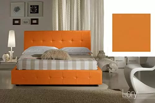 Letto matrimoniale con vano contenitore imbottito, rivestimento in similpelle, colore arancione - 176 cm, 220 cm, H 100 cm - per rete 160 x 200. (SFI)