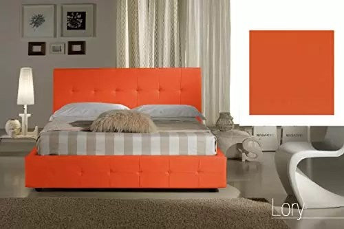 Letto matrimoniale con vano contenitore imbottito, rivestimento in similpelle, colore arancione scuro - 176 cm, 220 cm, H 100 cm - per rete 160 x 200. (SFI)