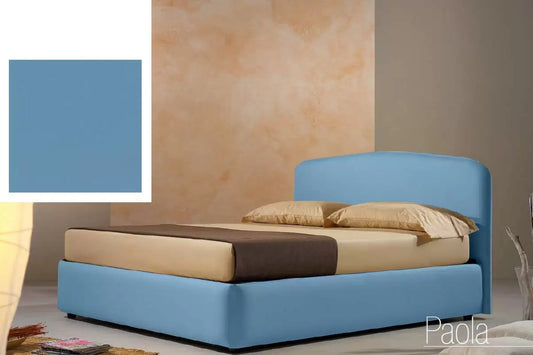 Letto matrimoniale con vano contenitore imbottito, rivestimento in similpelle, colore azzurro - 178 cm,  220 cm, H 114 cm - per rete 160 x 200. (SFI)