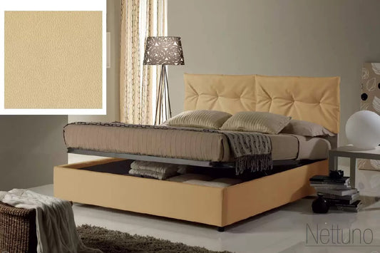 Letto matrimoniale con vano contenitore imbottito, rivestimento in similpelle, colore beige - 174 cm, 215 cm, H 102 cm - per rete 160 x 200. (SFI)