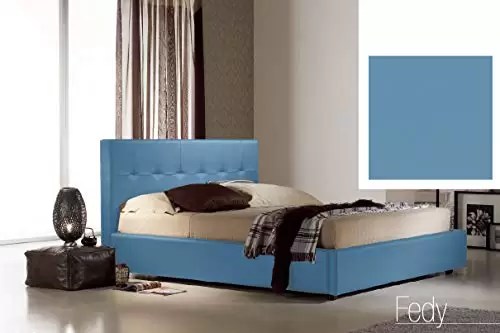 Letto matrimoniale con vano contenitore imbottito, rivestimento in similpelle, colore blu - 176 cm, 210 cm, H 100 cm - per rete 160 x 190. (SFI)