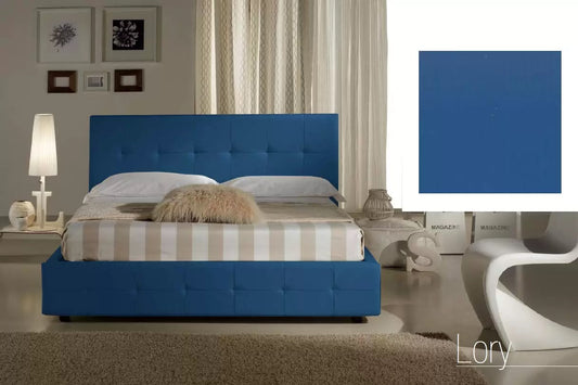 Letto matrimoniale con vano contenitore imbottito, rivestimento in similpelle, colore blu - 176 cm, 210 cm, H 100 cm - per rete 160 x 190. (SFI)