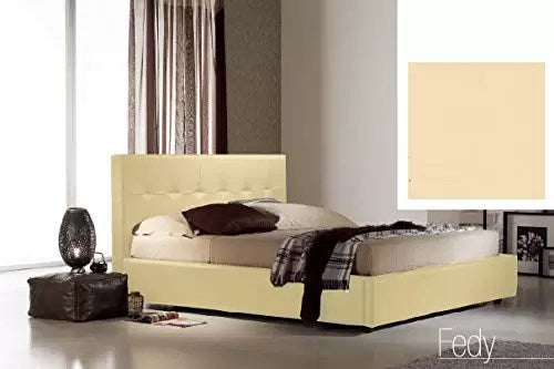 Letto matrimoniale con vano contenitore imbottito, rivestimento in similpelle, colore crema - 176 cm, 220 cm, H 100 cm - per rete 160 x 200. (SFI)