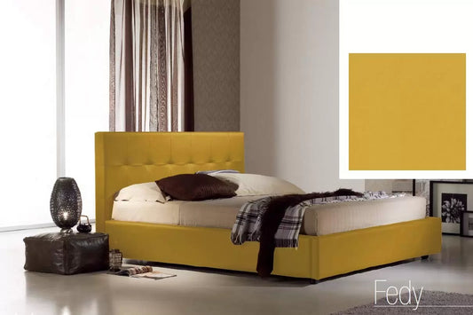 Letto matrimoniale con vano contenitore imbottito, rivestimento in similpelle, colore giallo senape - 176 cm, 210 cm, H 100 cm - per rete 160 x 190. (SFI)