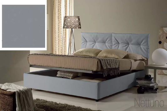 Letto matrimoniale con vano contenitore imbottito, rivestimento in similpelle, colore grigio chiaro - 174 cm, 215 cm, H 102 cm - per rete 160 x 200. (SFI)