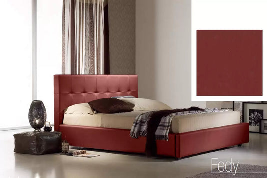 Letto matrimoniale con vano contenitore imbottito, rivestimento in similpelle, colore rosso scuro - 176 cm, 220 cm, H 100 cm - per rete 160 x 200. (SFI)