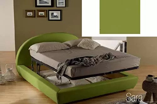 Letto matrimoniale con vano contenitore imbottito, rivestimento in similpelle, colore verde oliva - 194 cm, 220 cm, H 114 cm - per rete 160 x 190. (SFI)