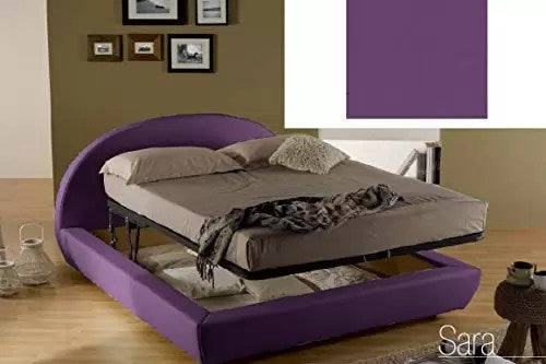 Letto matrimoniale con vano contenitore imbottito, rivestimento in similpelle, colore viola - 194 cm, 230 cm, H 114 cm - per rete 160 x 200. (SFI)