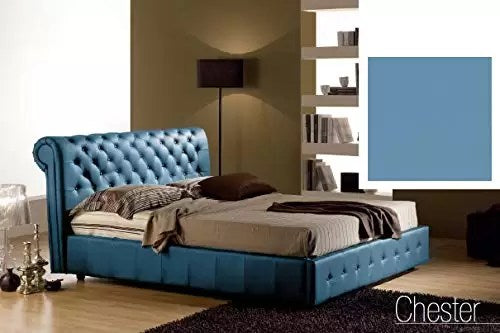 Letto matrimoniale con vano contenitore imbottito, rivestimento in similpelle, lavorazione capitonn , colore blu - 180 cm, 226 cm, H 114 cm - per rete 160 x 190. (SFI)