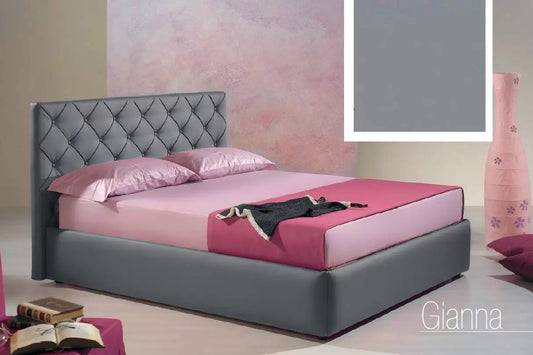 Letto matrimoniale con vano contenitore imbottito, rivestimento in similpelle, lavorazione capitonn , colore grigio - 176 cm, 220 cm, H 100 cm - per rete 160 x 200. (SFI)