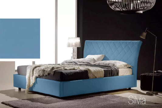 Letto matrimoniale con vano contenitore imbottito, rivestimento in similpelle, trapuntato, colore azzurro - 178 cm, 228 cm, H 110 cm - per rete 160 x 200. (SFI)