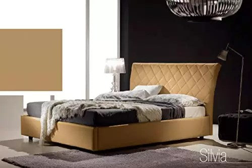 Letto matrimoniale con vano contenitore imbottito, rivestimento in similpelle, trapuntato, colore beige scuro - 178 cm, 218 cm, H 110 cm - per rete 160 x 190. (SFI)