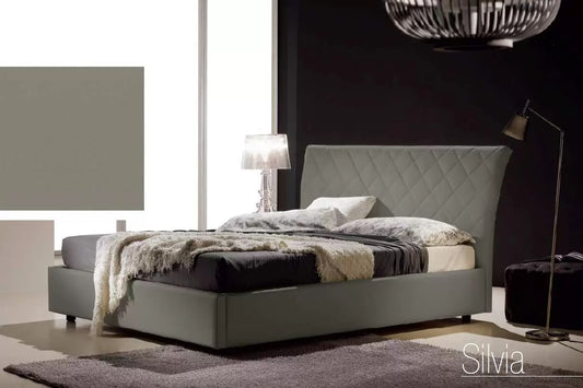 Letto matrimoniale con vano contenitore imbottito, rivestimento in similpelle, trapuntato, colore grigio - 178 cm, 218 cm, H 110 cm - per rete 160 x 190. (SFI)