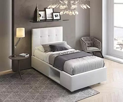 Letto singolo &quot;Bau-Bed&quot- con vano contenitore imbottito e con cuccia per cane incorporata, rivestimento in similpelle, testiera imbottita, colore bianco - il letto misura 90 x 205 x 110 cm. La cuccia   alta 26 cm, larga 47 cm e profonda 80 cm. Il